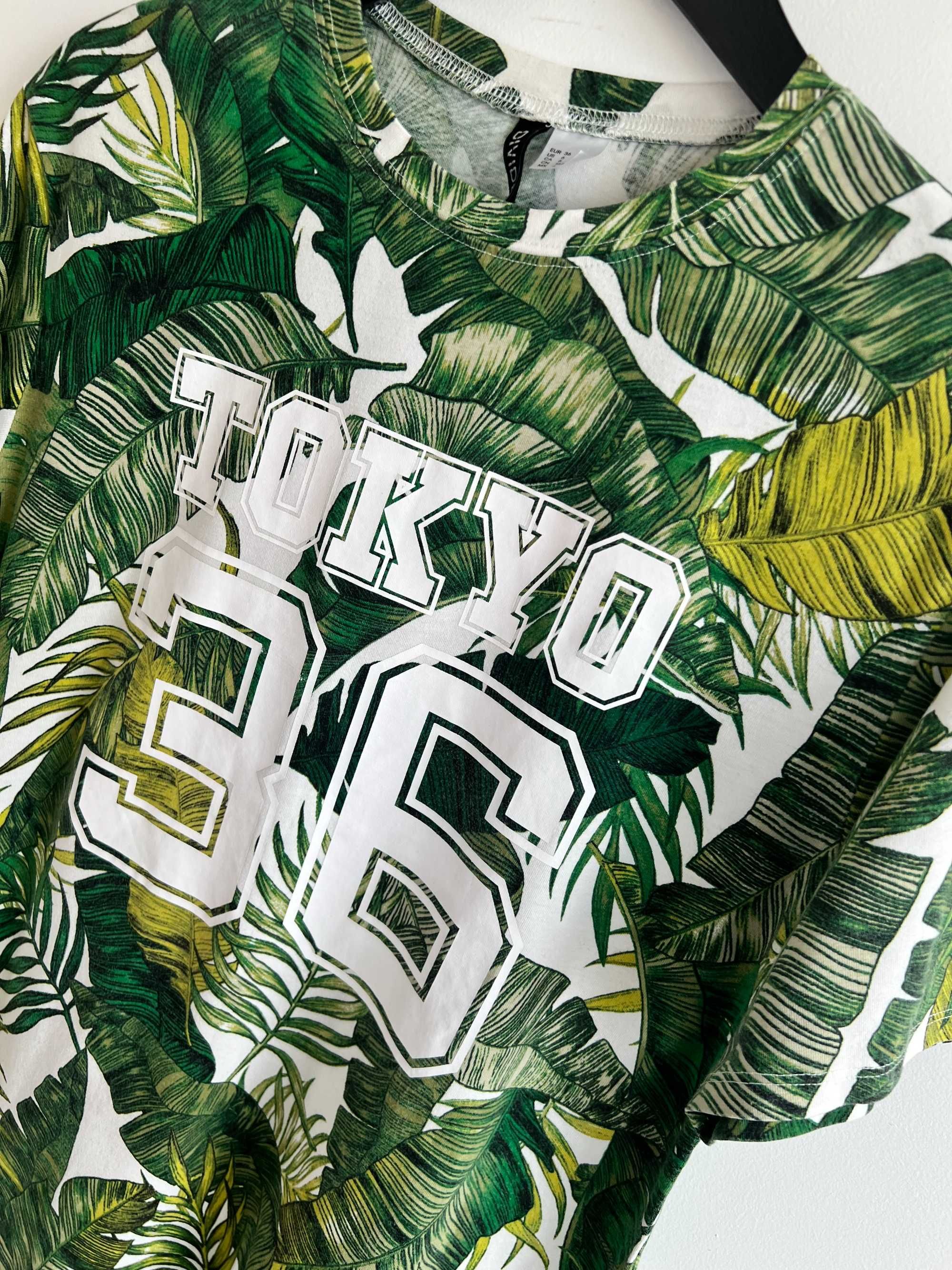H&M długi t-shirt tunika sukienka damska Tokyo palmy liście bawełna S