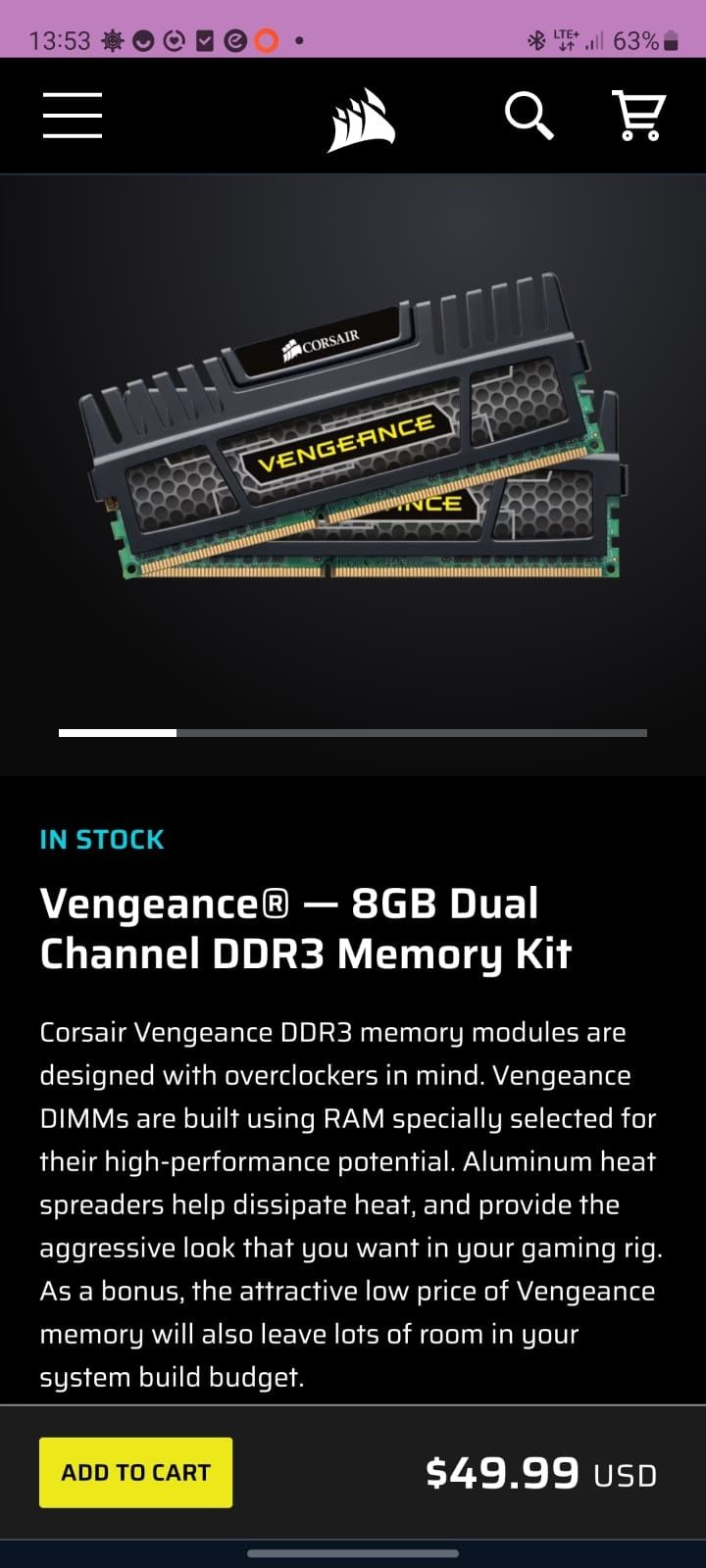 Pamięć RAM Corsair Vengeance 8GB (2X4GB) DDR3 1600MHZ CL9 CMZ8GX3M2A16