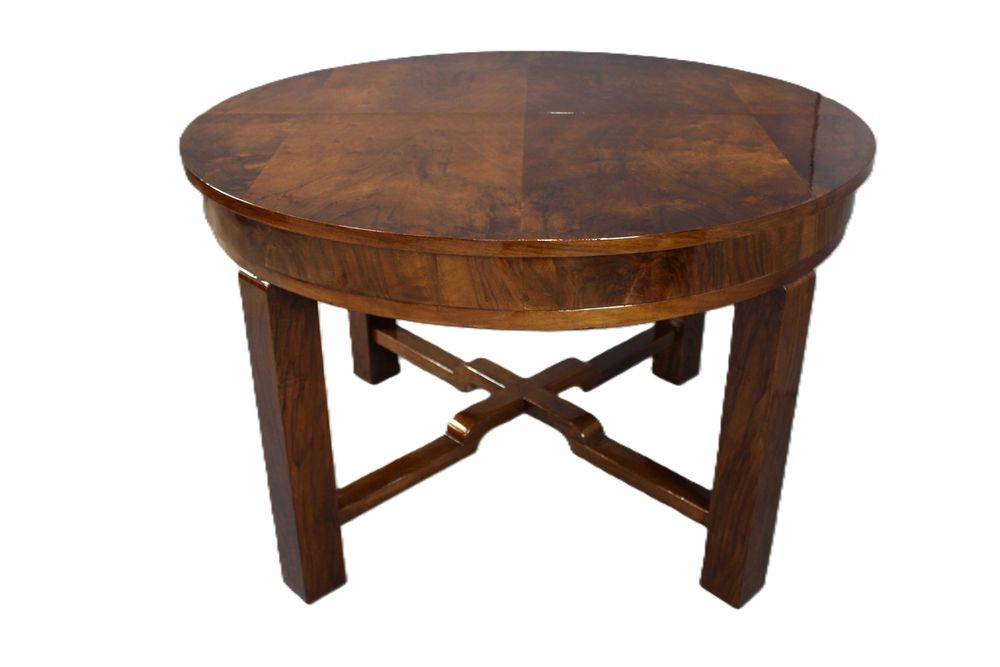 Okrągły stół Art - Deco w orzechu po renowacji średnica 124 max 220 cm