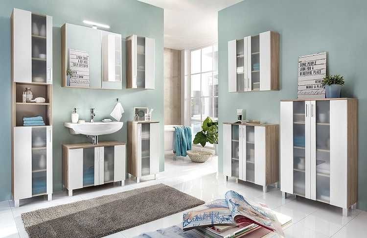 Szafka łazienkowa stojąca Trendteam Furnline, Biała/Dąb Sonoma
