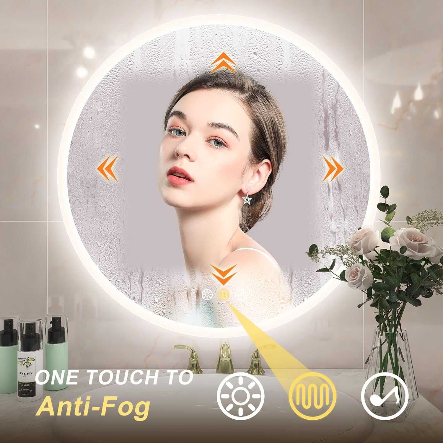 Okrągłe lustro łazienkowe , średnica 80 cm, z Bluetooth, antypara
