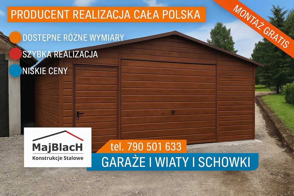 Garaż Blaszany Dwuspadowy /ORZECH /Profil/Imitacja Drewna  – Maj-Blach