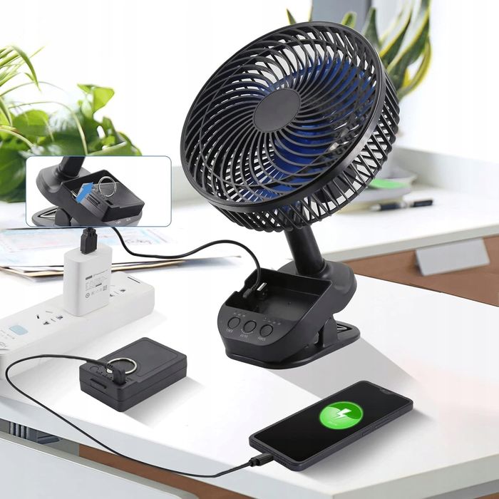Wentylator USB 4w1 20 cm 10000 mAh z klipsem, timerem i oscylacją