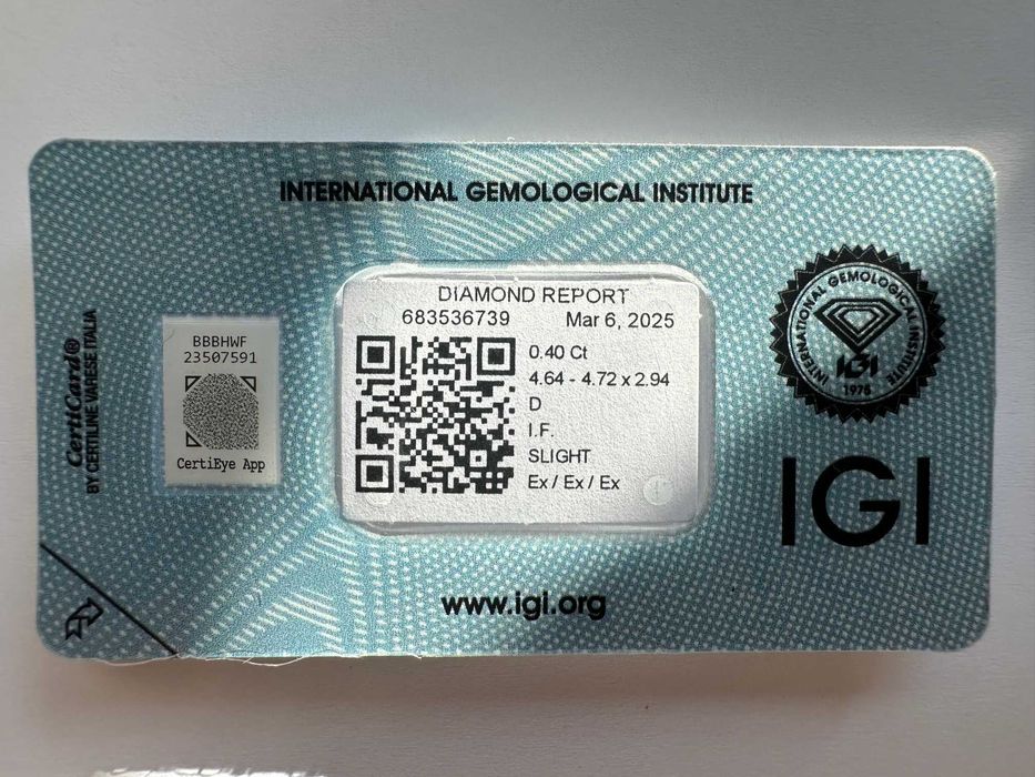 Naturalny Diament / Brylant INWESTYCYJNY 0.40ct D/IF 3xExcellent IGI
