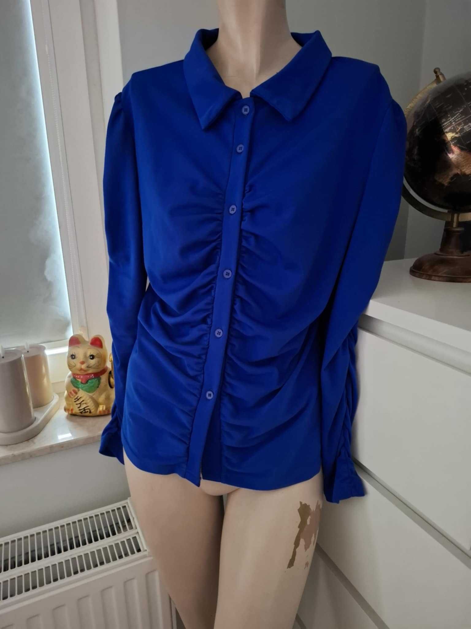XL 42 niebieska chabrowa kobaltowa koszula drapowana marszczona retro