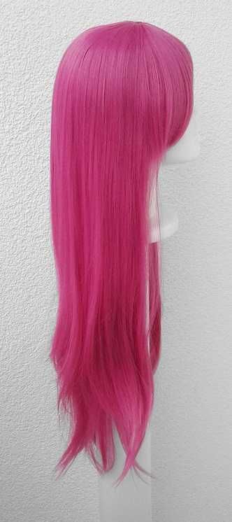 Magenta różowa długa prosta peruka z grzywką cosplay Vi Arcane LoL