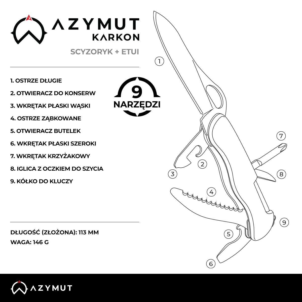 Scyzoryk AZYMUT Karkon - 9 narzędzi + kabura, 113 mm czarny