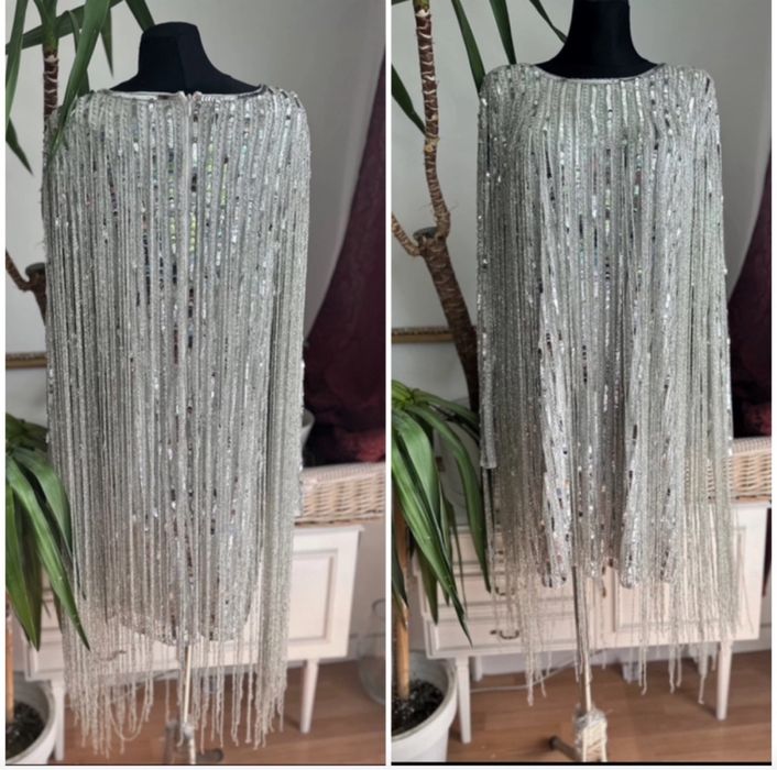 Karen millen cekinowa sukienka mini  frędzle zdobiona L 40