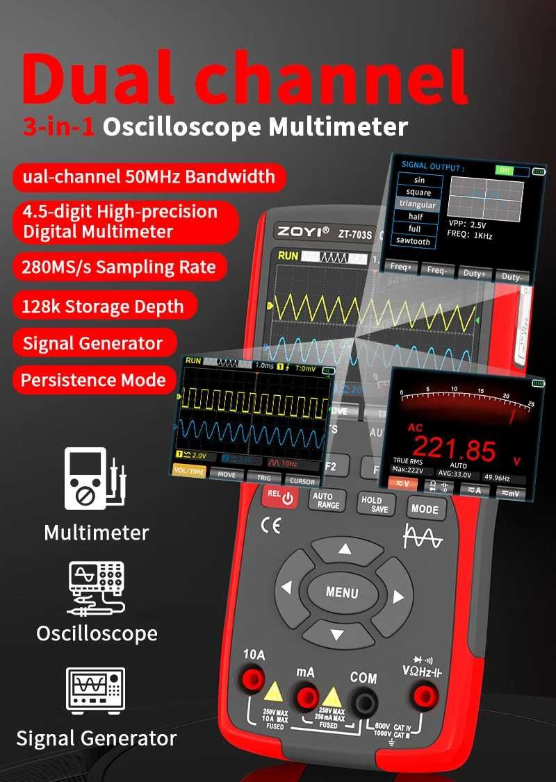 Miernik Zoyi ZT703S 3w1 oscyloskop 2x50MHz generator multimetr 2 sondy