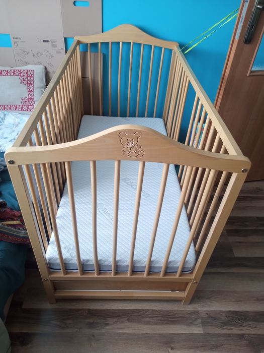 Łóżeczko drewniane + materac Rucken natura dwustronny