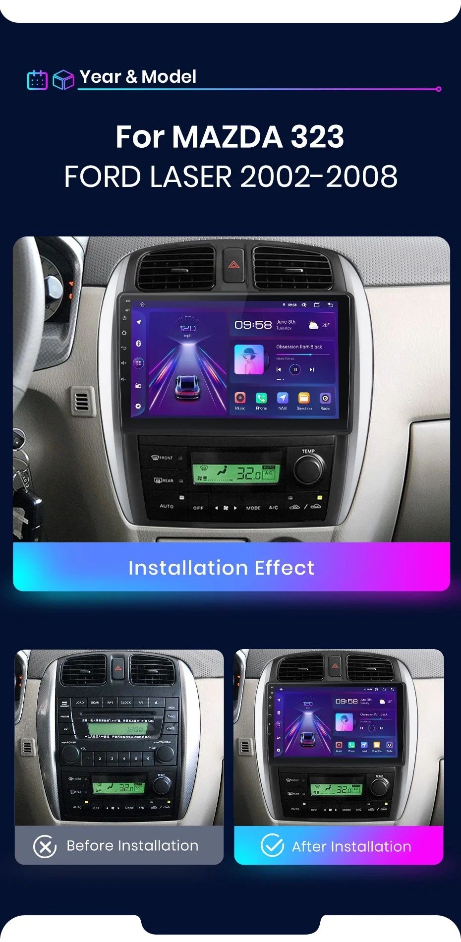 Rádio Android Mazda 323 de 2002-08 CARPLAY WIFI GPS BT novo