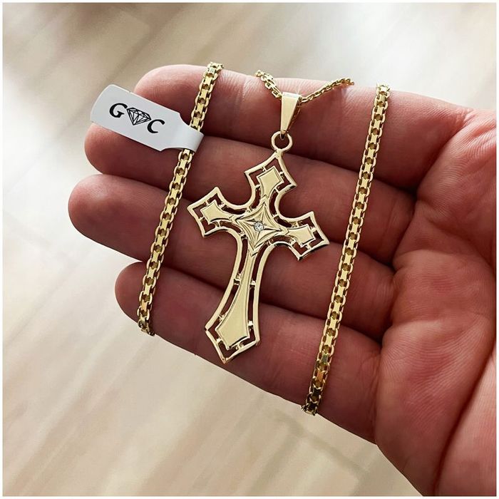 Elegancki Złoty Łańcuszek Męski Bismark + Duży Krzyżyk, Srebro 925 + G