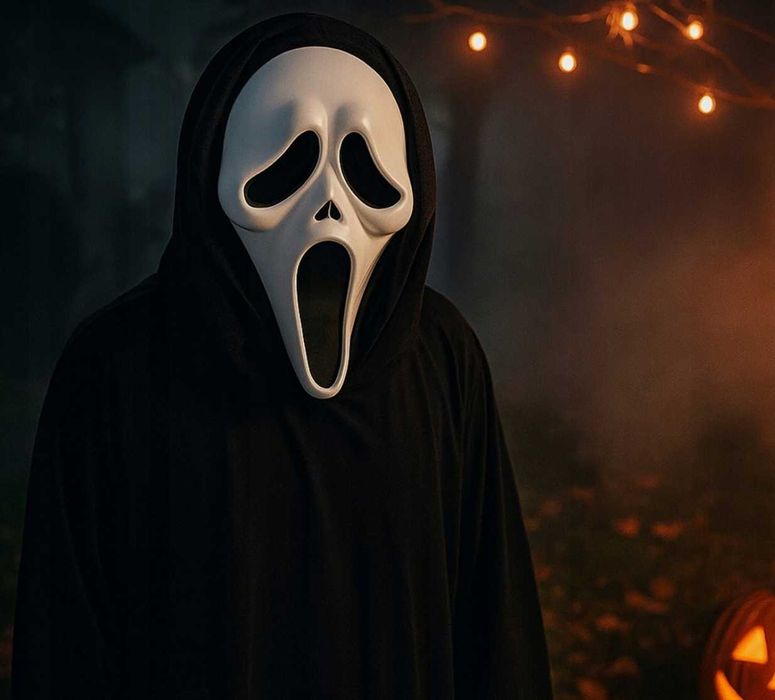 STRÓJ KOSTIUM HALLOWEEN maska krzyk śmierć peleryna czarna długa