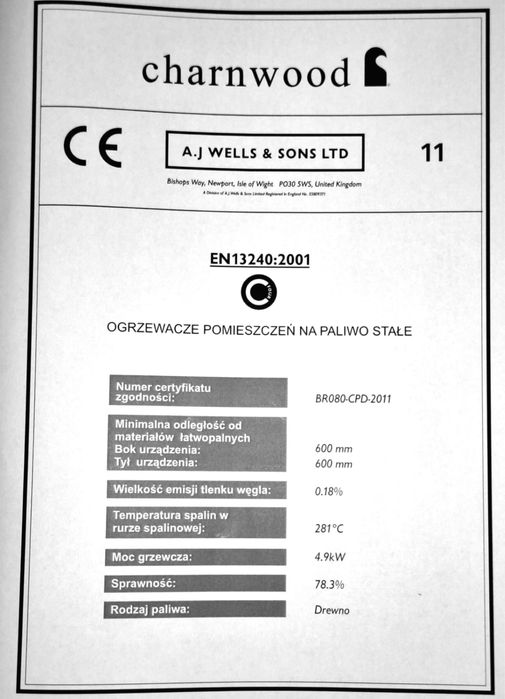 Piec wolnostojacy na drewno charnwood c-four koza