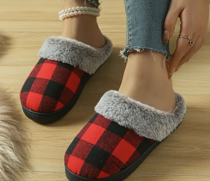 Новорічні капці новогодние тапочки клетка клітинка теплі 35 розмір