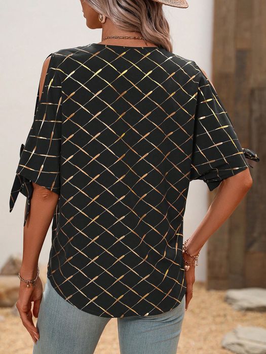 Bluzka Argyle Z Wyciętymi Ramionami Czarno-Złota Casual Shein S 36