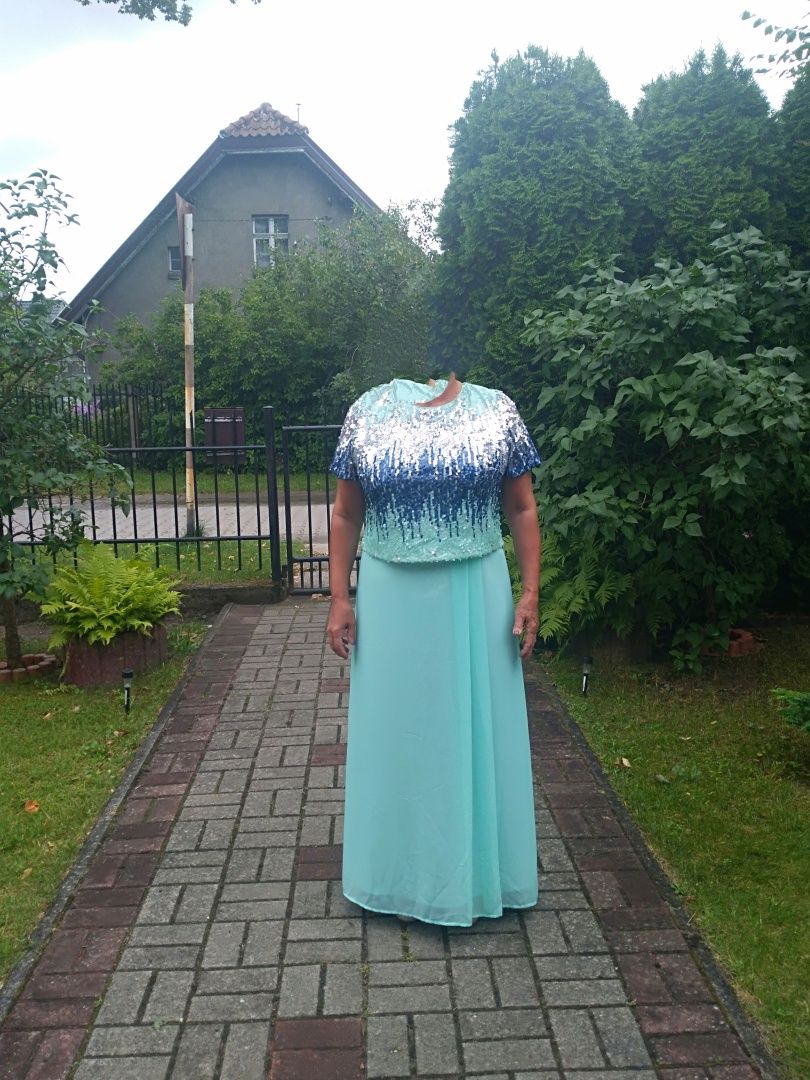 Długa miętowa sukienka r.44 wesele,bankiet,okazjonalna,przyjęcia