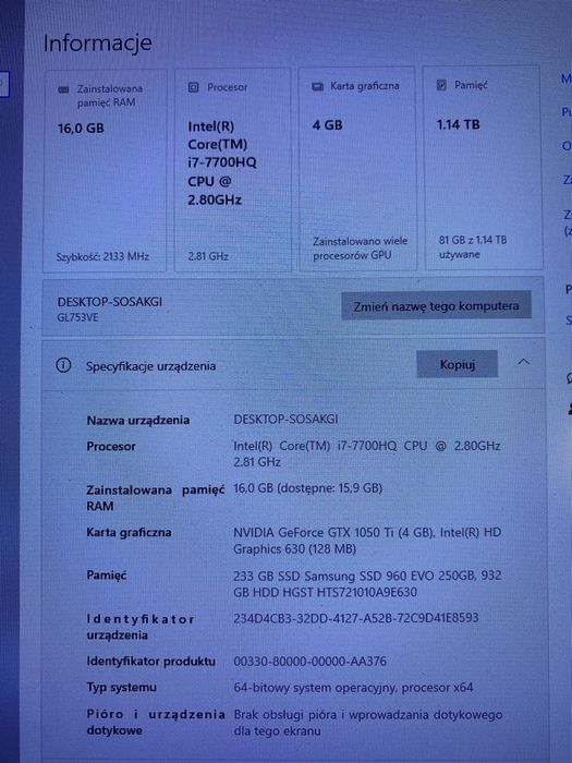 ASUS ROG Strix GL753VE i7-7700HQ/16GB RAM/SSD+HDD/GTX 1050Ti 4GB/17.3c