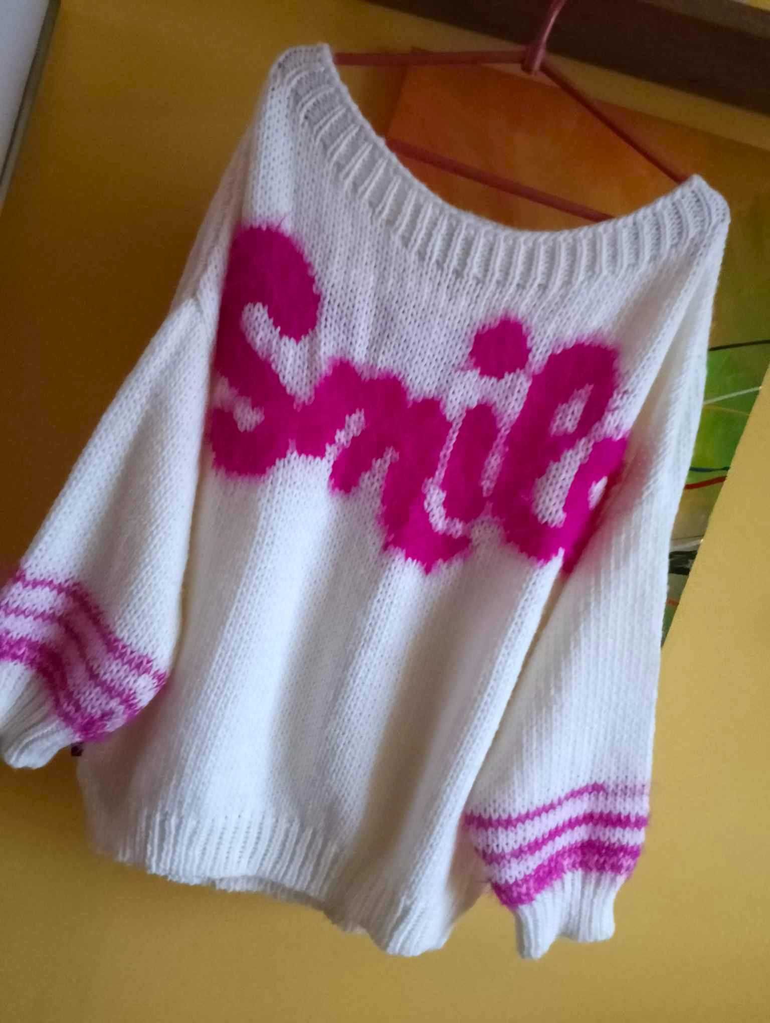 sweter biały z wełną 42/44 /róż napis/M*Nouu oversize XL/XXL