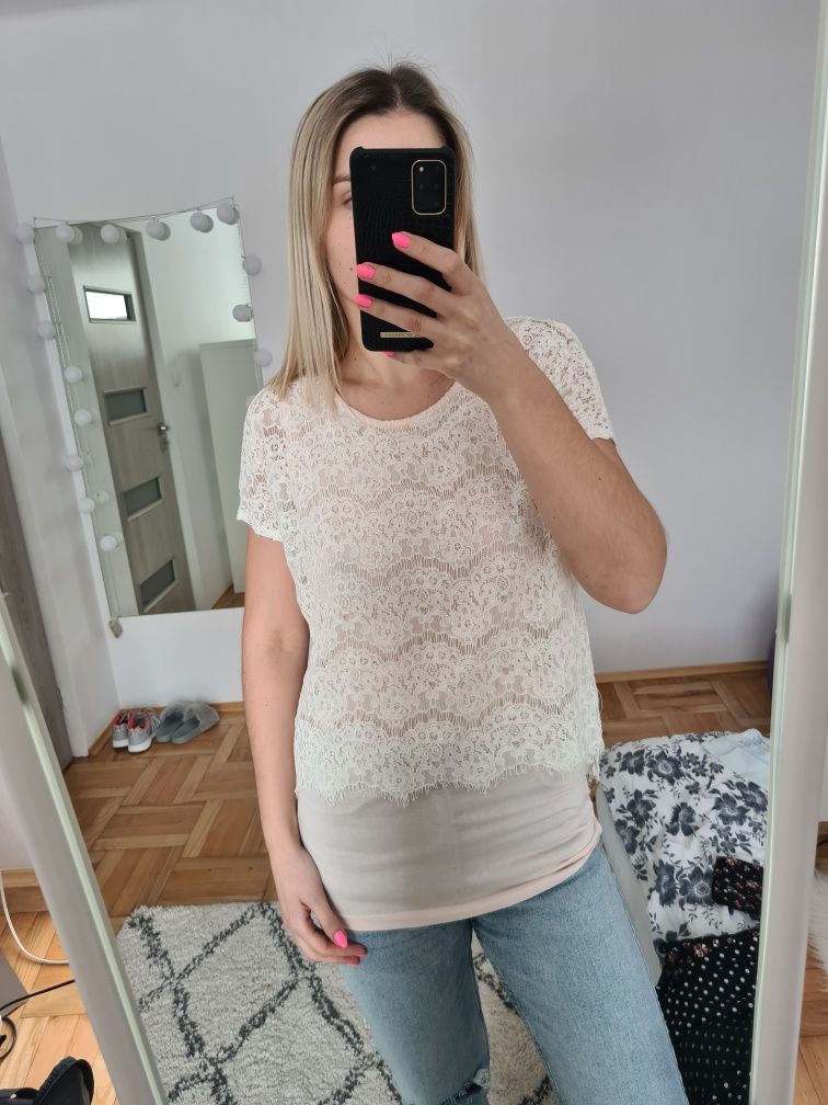 T-shirt bluzka koszulka koronkowa z koronką C&A