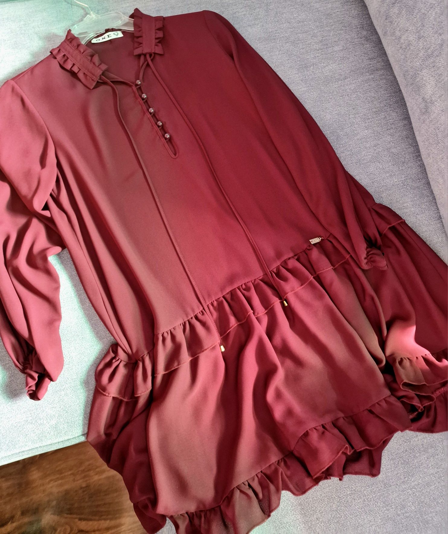 One fashion bordowa sukienka oversize bordo marsala