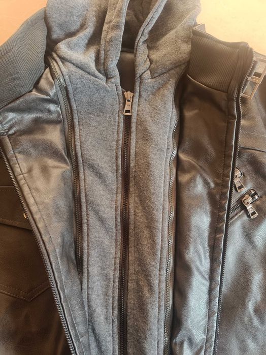 Kurtka męska biker eko skórzana 2 w 1 ciemna popielata czarna