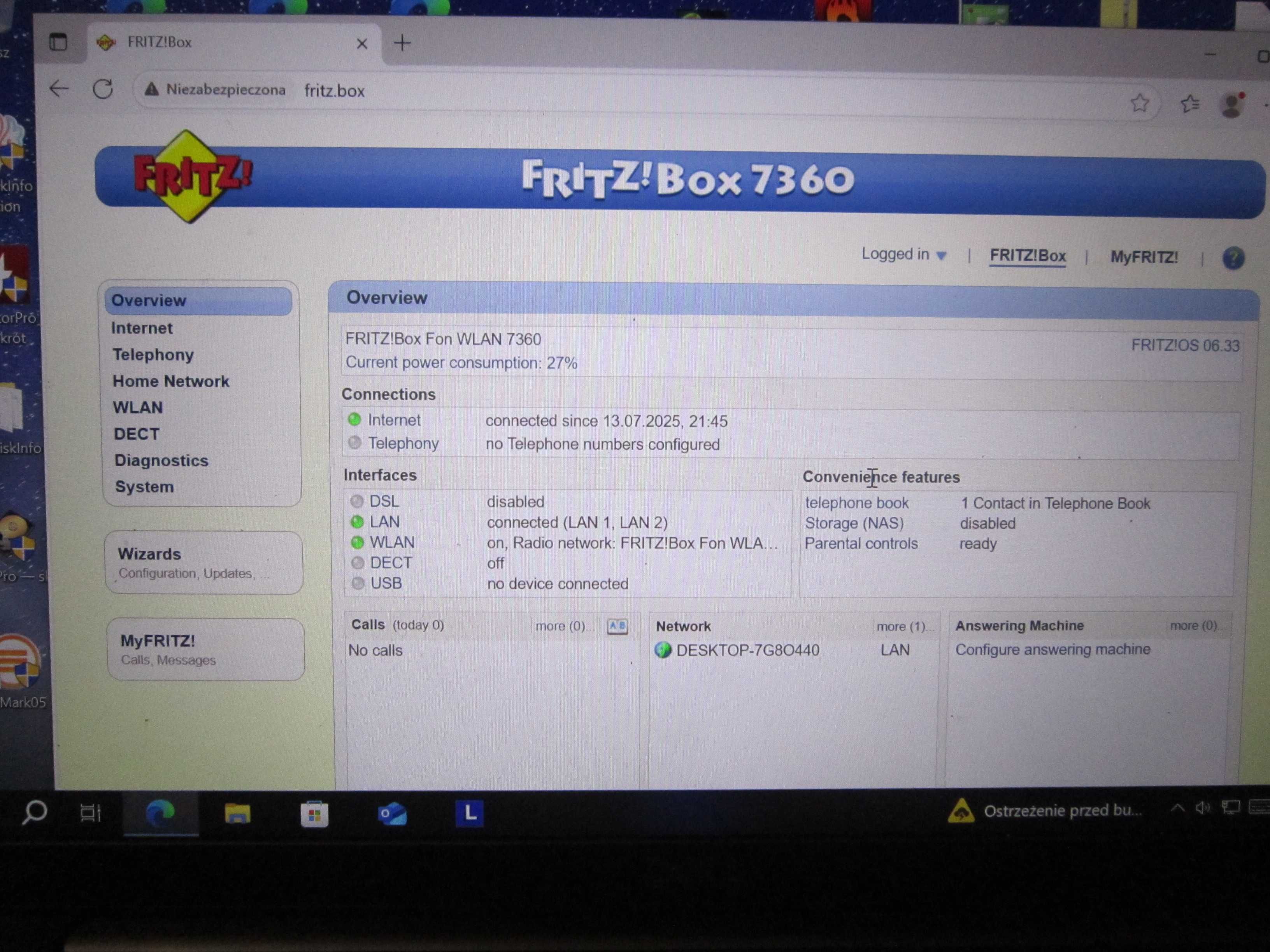 Router Fritz!Box 7360 Internat 802.11n Wi-Fi 4 AccessP Bridge Repeater