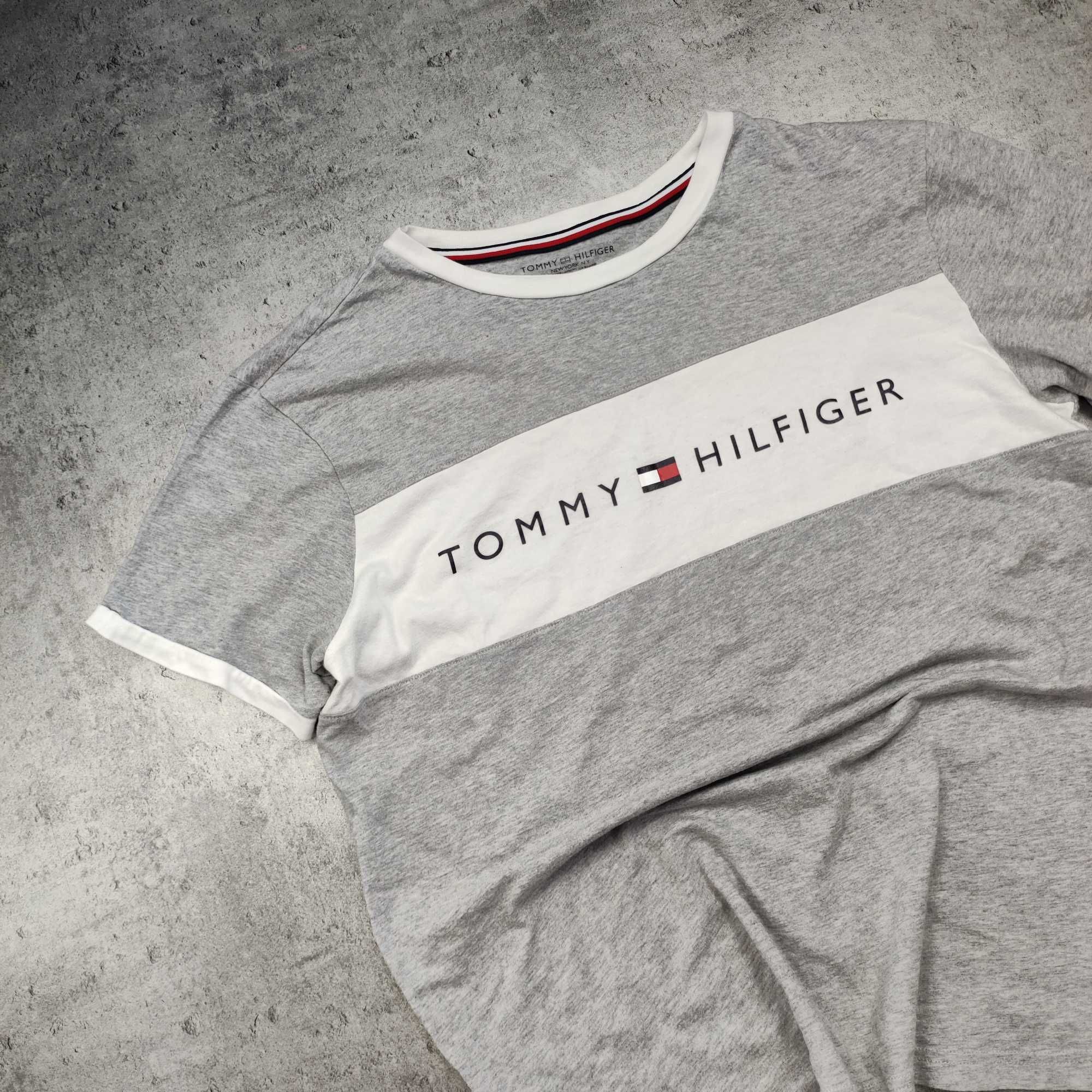 MĘSKA Koszulka PREMIUM Klasyczna Duże Logo Szaro Biała Tommy Hilfiger