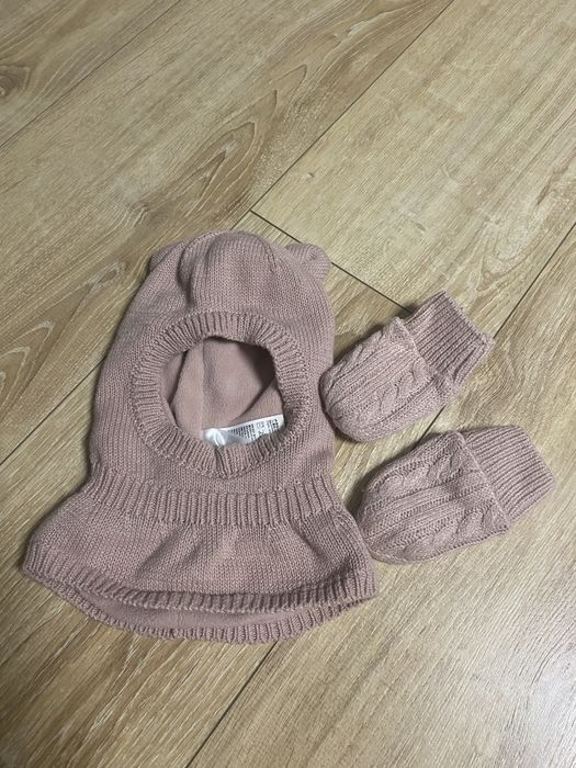Zestaw zimowy: czapka z kominem, rękawiczki, H&M, 62/68