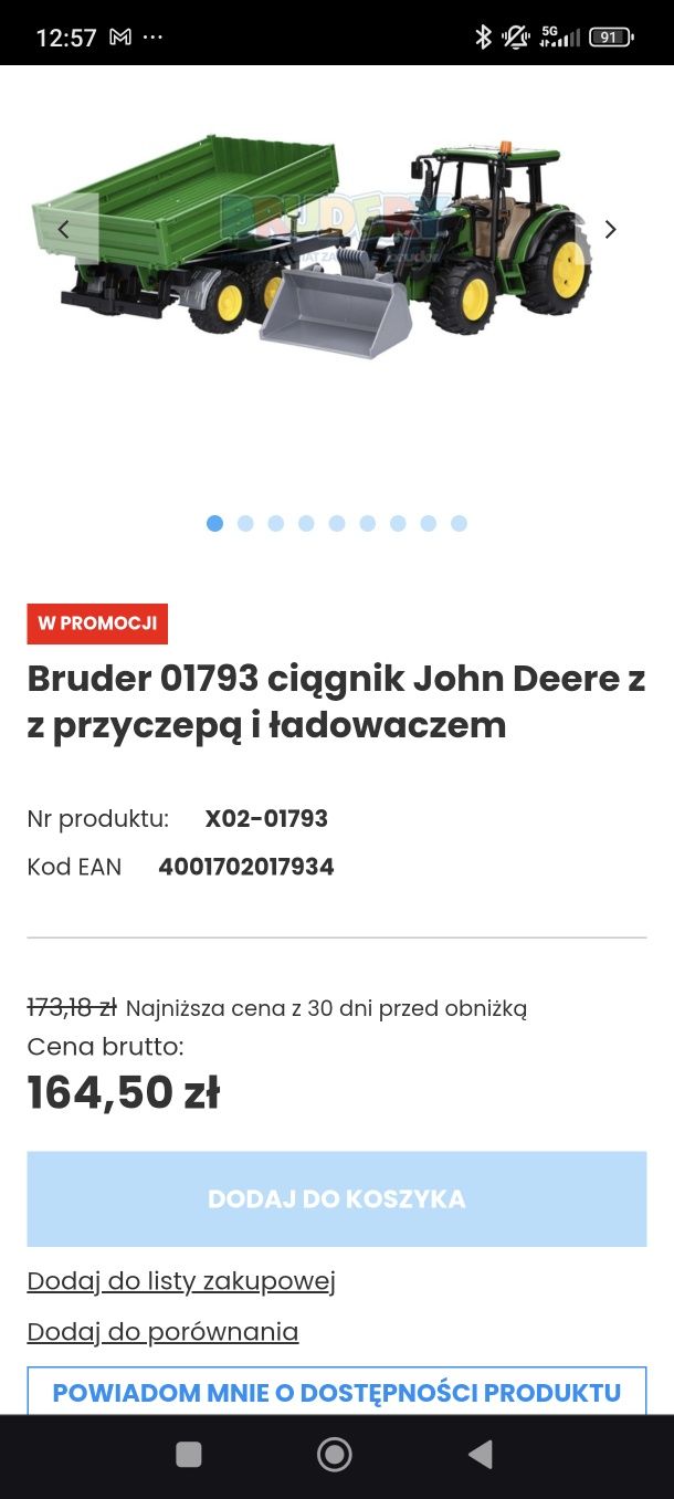 Bruder 01793 ciągnik John Deere z z przyczepą i ładowaczem