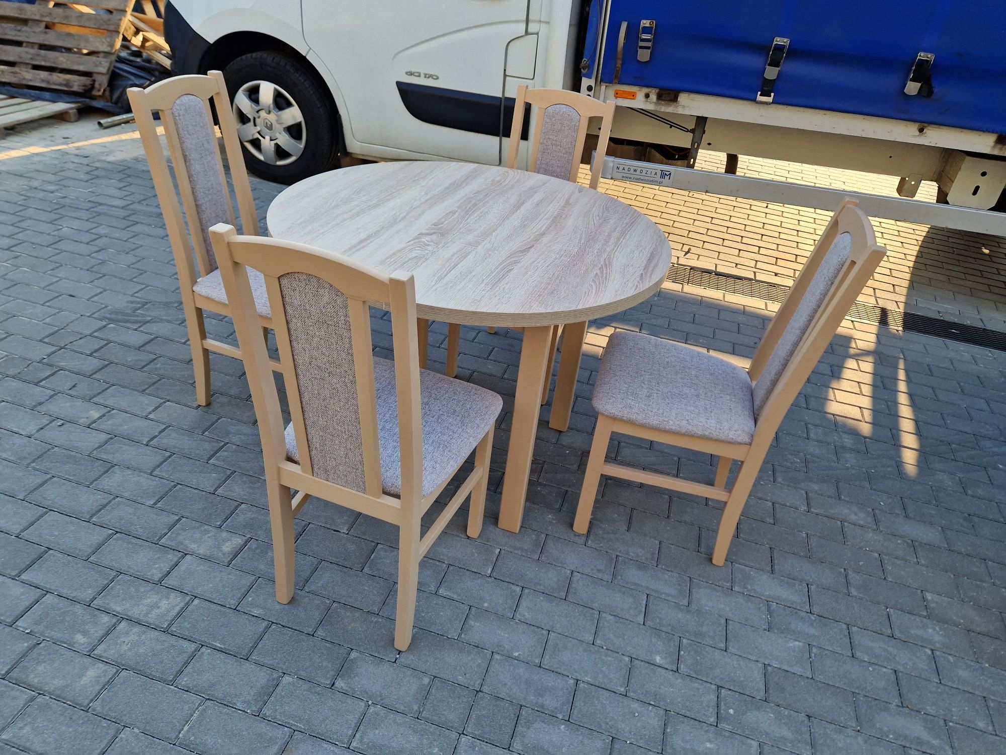 Nowe: Stół okrągły + 4 krzesła, sonoma + kawa , dostawa cała PL