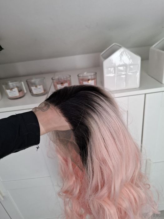 Nowa peruka lace front ombre pink różowa długa gęsta jakość pudrowy ró
