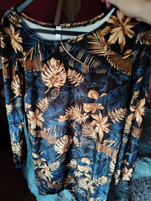 Sukienka wizytowa  w liście złote monstery kimono z paskiem