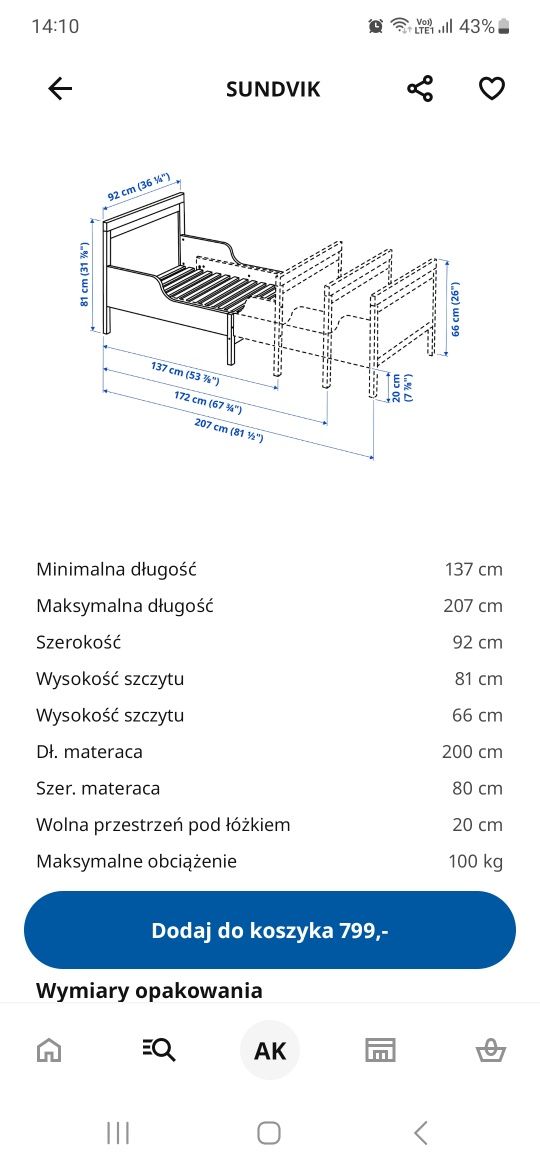 Cena do negocjacji, Łóżko rosnące dziecięce Sundvik o regulowanej dług