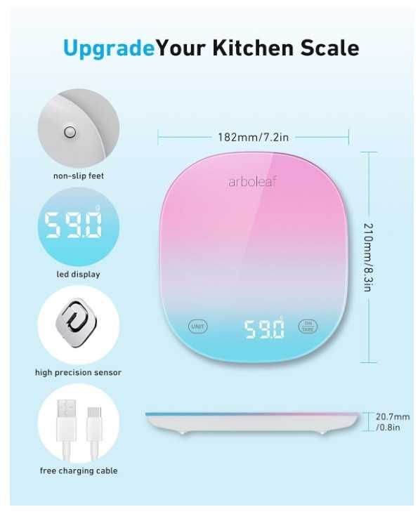 Cyfrowa waga kuchenna do 10kg, wyświetlacz LED, aplikacja Bluetooth