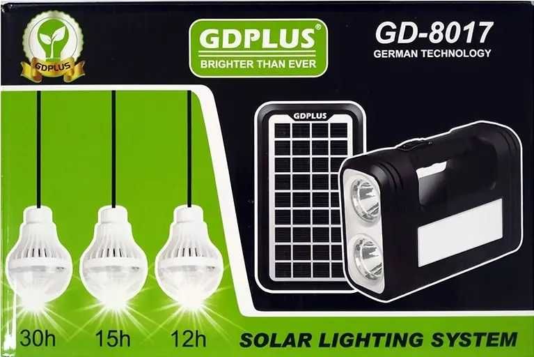 Солнечная панель мощный фонарь 28000mAh 3 лампочки комплект GD - 8017