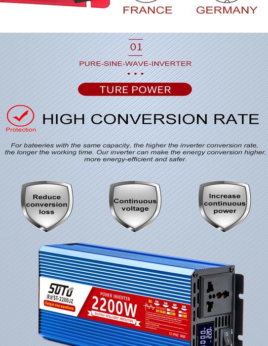 Інвертор SUTU Inverter Чистий Синус  2200W / 12v 220v