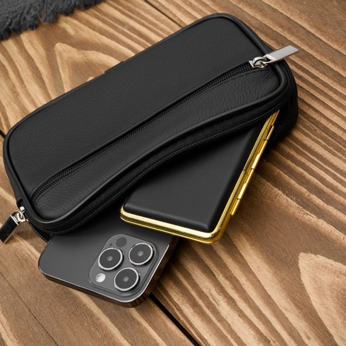 Męska skórzana saszetka na pasek do ręki czarna ABR-53