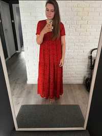 Zara śliczna czerwona długa maxi zwiewna szyfonowa sukienka w kwiaty