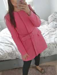 Płaszcz zara różowy pink z paskiem elegancki klamra prosty
