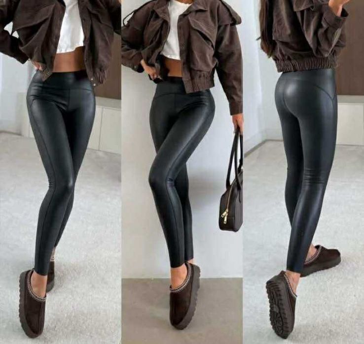 Czarne Legginsy Eko Skóra Lekko Ocieplane Push Up