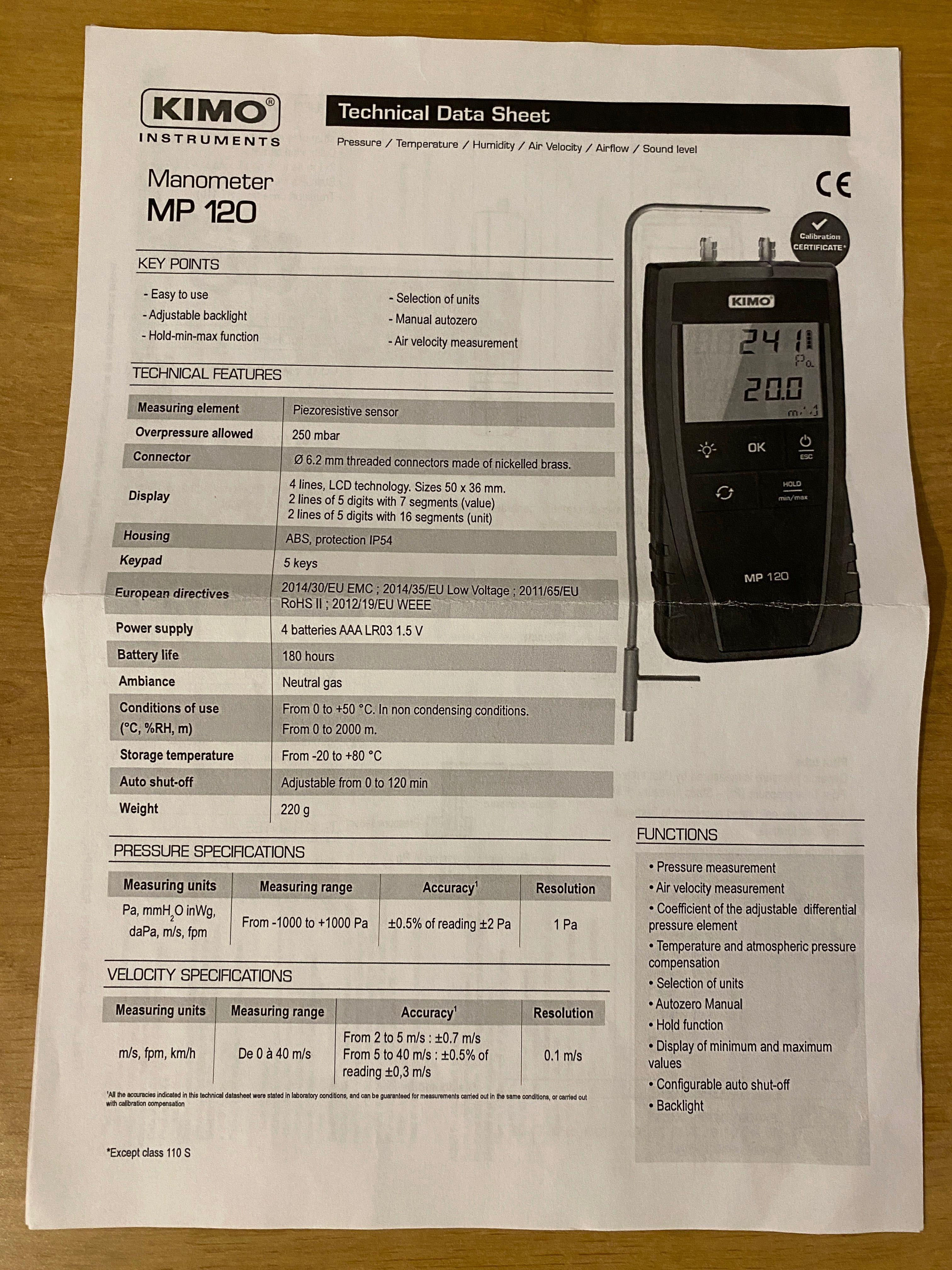 Sauermann KIMO MO 120 Micromanometr z Anemometer