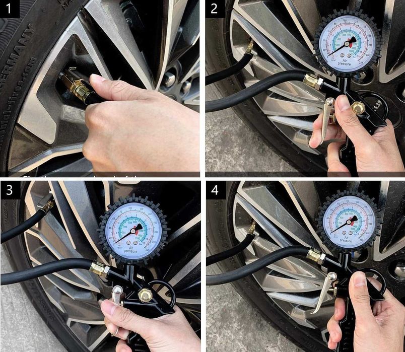 Pistolet do Pompowania Kół Opon z Manometrem PSI Bar kPa kg/cm2