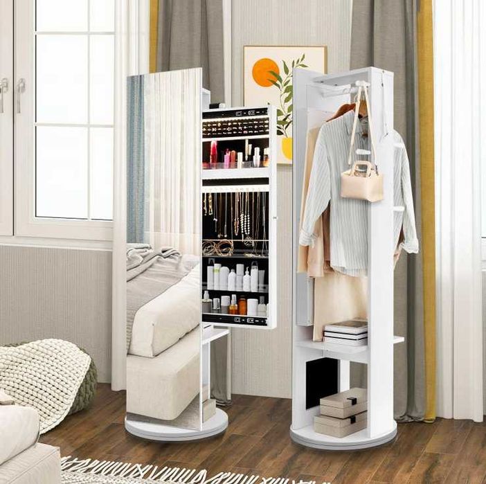 Toaletka Szafka na Biżuterię Obrotowa z Lustrem i Podświetleniem LED