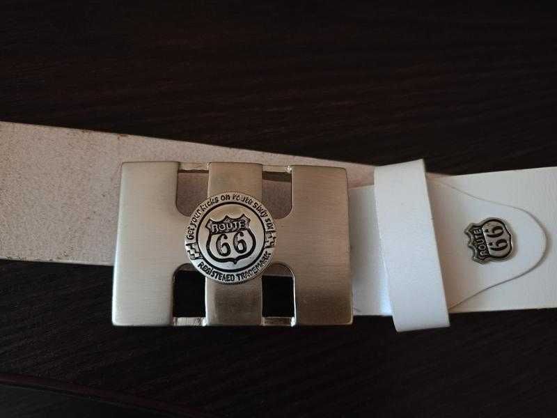 Шкіряний білий ремінь з пряжкою Route 66