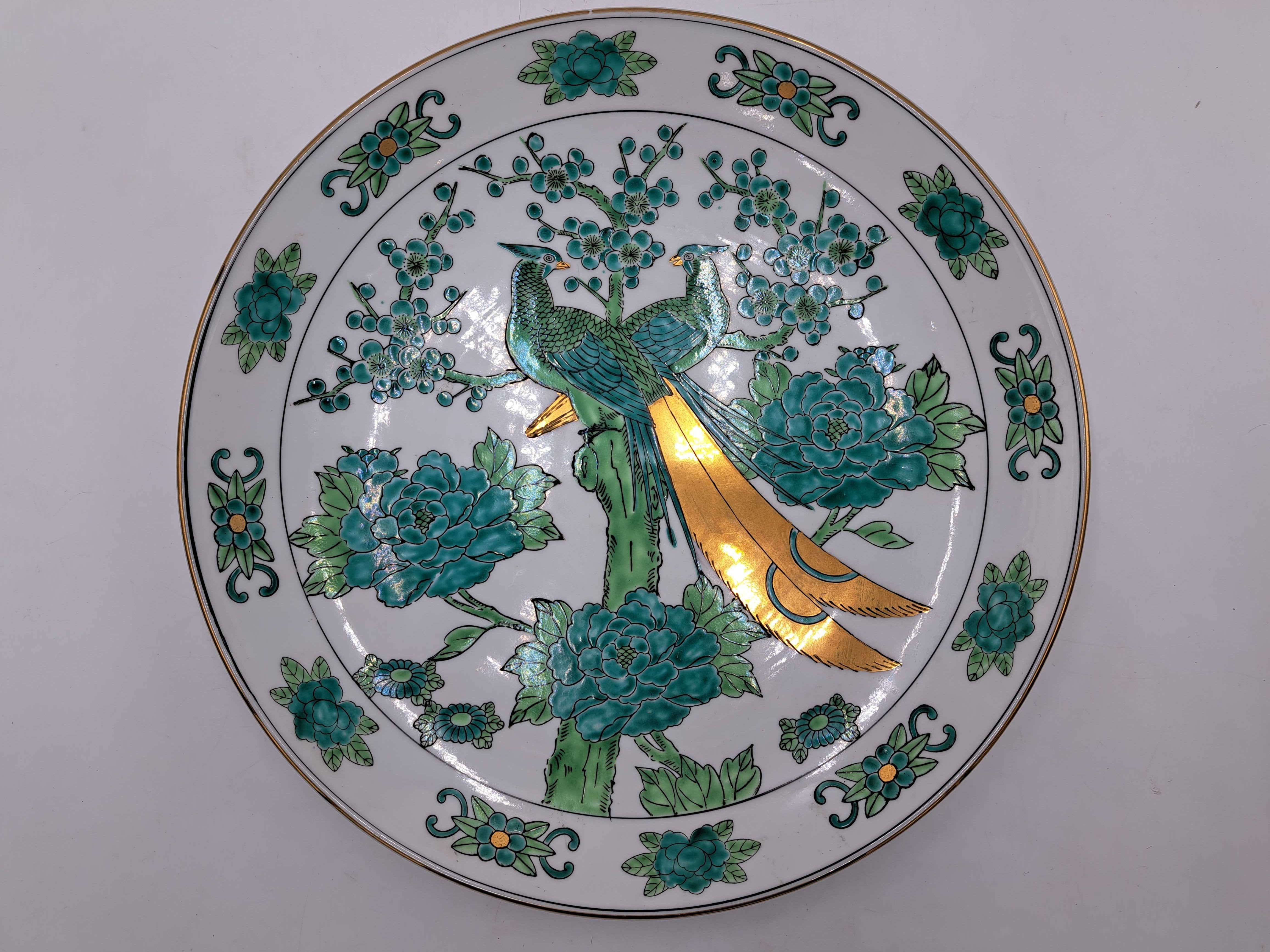 Talerz na ścianę patera Gold Imari Hand Painted zielony paw złocenia