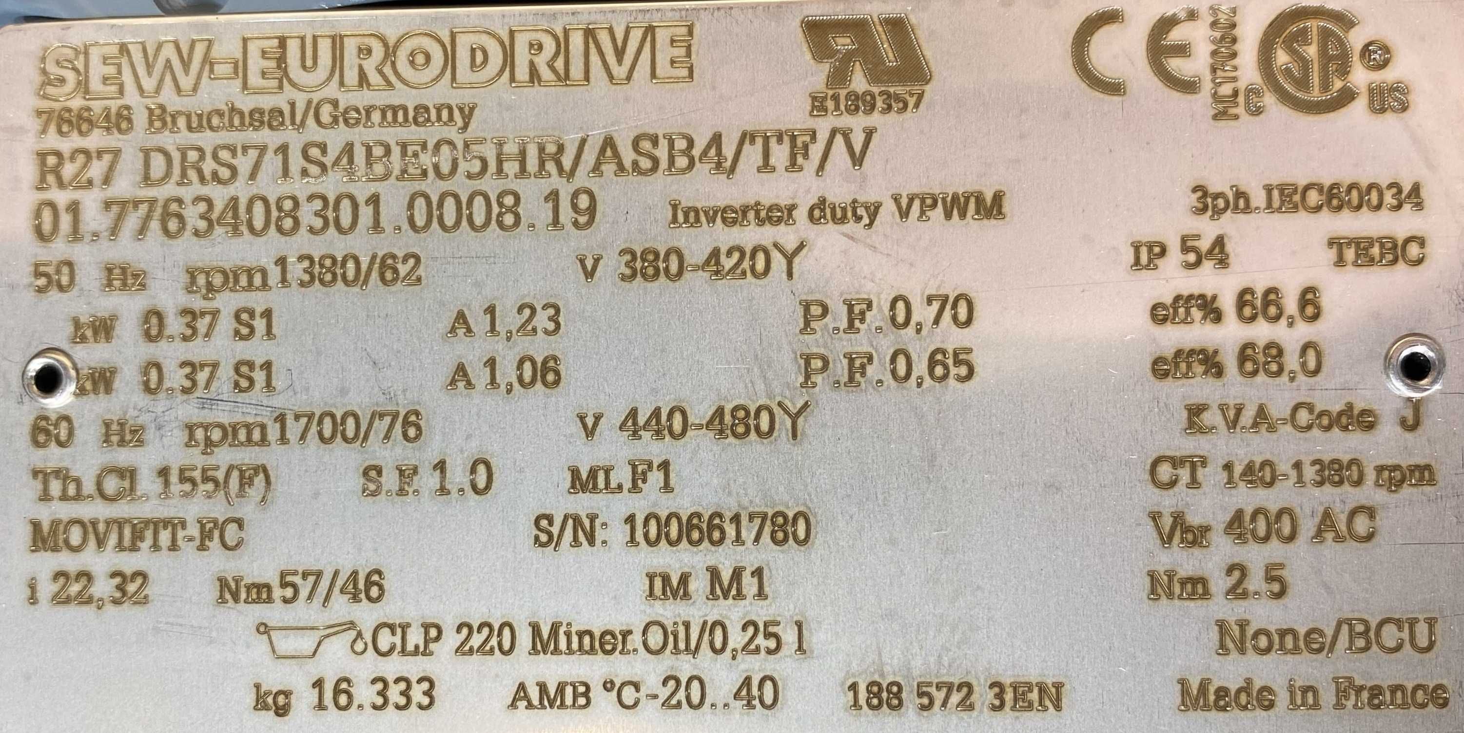 motoreduktor / przekładnia 0,37kW 62obr. 3faz HAMULEC, OBCE CHŁODZ SEW