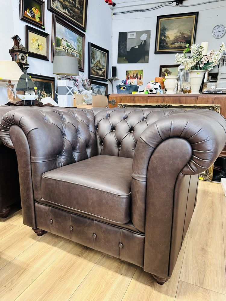 JAK NOWY !!! Perfekcyjny, angielski komplet CHESTERFIELD SKÓRA 321 :)