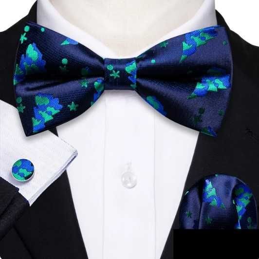 Świąteczna Mucha Komplet Muszka poszetka spinki granatowa choinki