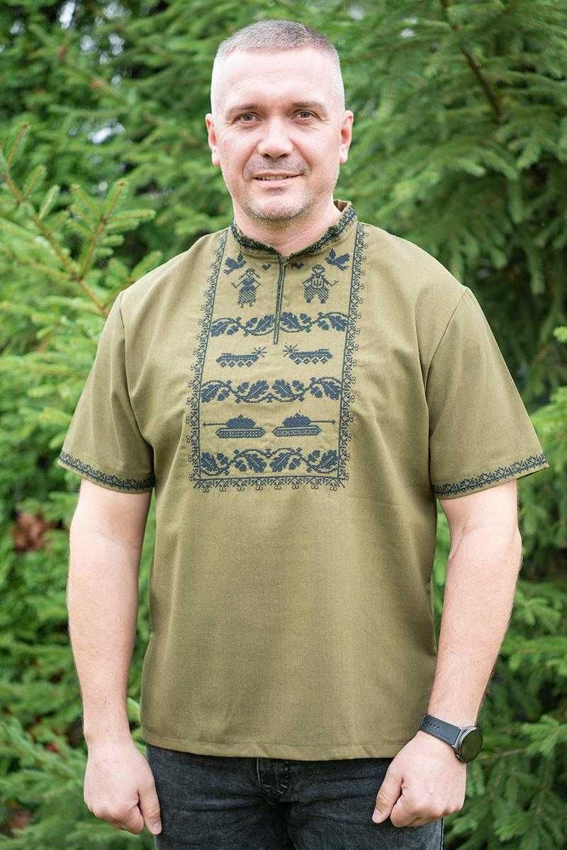 М-5ХЛ Вышиванка льняная мужская хаки, лен